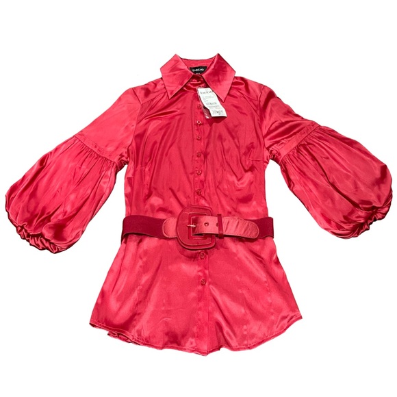 bebe Tops - Bebe Red Silk Sexy Button-Up Blouse Puff Sleeves S Pinup Retro Romantic Glam NWT